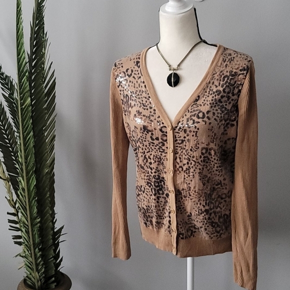 Charter Club sequin leopard print button-down cardigan - Picture 1 of 10